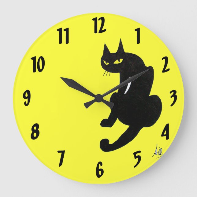 Grande Horloge Ronde CHAT NOIR jaune (Recto)