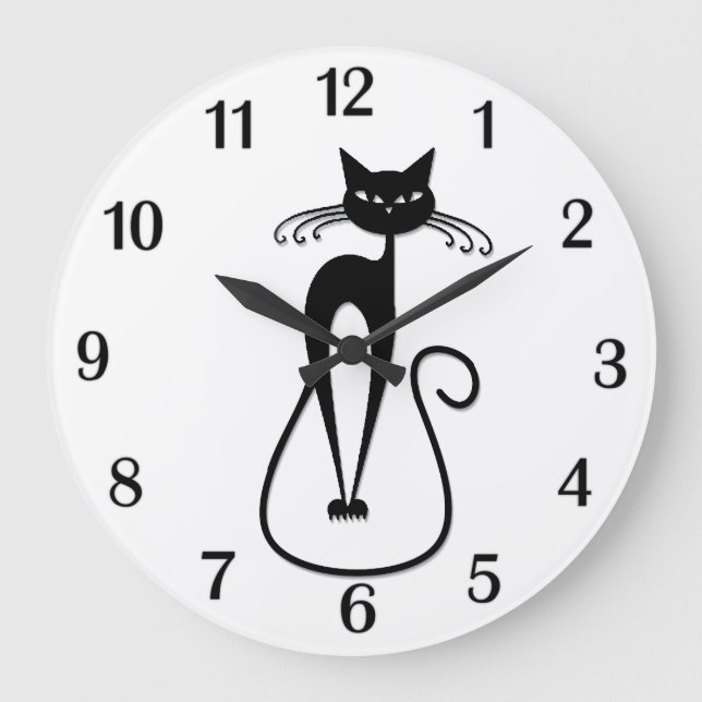Grande Horloge Ronde Chat noir maigre fantaisiste nombres noirs (Recto)