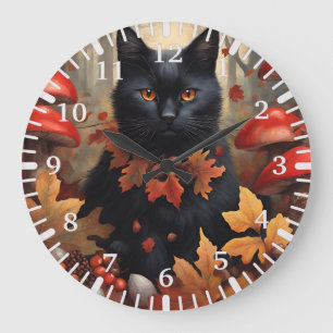Grande Horloge Ronde Chat noir mignon en forêt d'automne