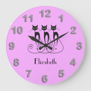 Grande Horloge Ronde Chat noir mignon triplé drôle