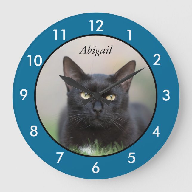 Grande Horloge Ronde Chat noir personnalisé (Recto)