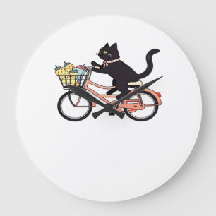 Grande Horloge Ronde Chat Noir sur un Vélo Art de Chat Noir T-Shirt Cl