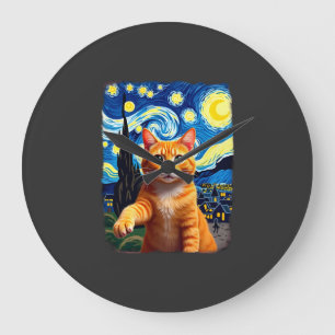 Grande Horloge Ronde Chat orange selfie  Nuit étoilée Maman chat Amoure
