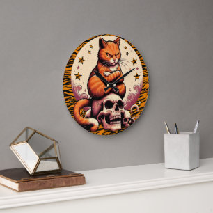 Grande Horloge Ronde Chat orange vengeur, crânes et lune