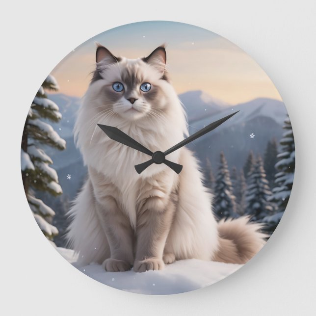 Grande Horloge Ronde Chat Ragdoll sur la montagne de neige avec un hive (Recto)
