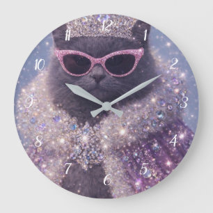 Grande Horloge Ronde Chat Reine Glamour Portrait Fantastique Étincelant