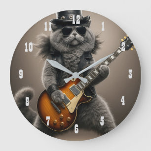 Grande Horloge Ronde Chat Rockstar Jouant de la Guitare Électrique en C