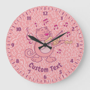 Grande Horloge Ronde Chat rose avec violon