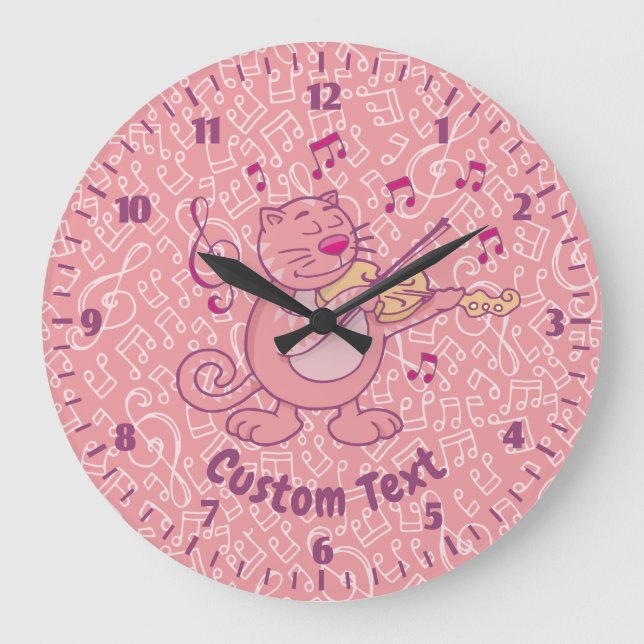 Grande Horloge Ronde Chat rose avec violon (Recto)