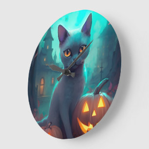 Grande Horloge Ronde Chat Russe Bleu d'Halloween avec des citrouilles e