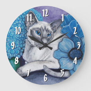 Grande Horloge Ronde Chat siamois de point bleu