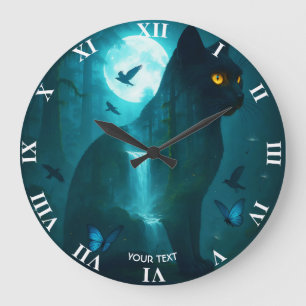 Grande Horloge Ronde Chat surréaliste noir mignon Imaginaire