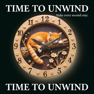 Grande Horloge Ronde Chat tigré orange endormi paisible