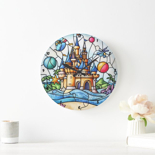 Grande Horloge Ronde Château enchanté Temps Vitrail Verre Fairytale Mur (Maison)