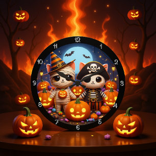 Grande Horloge Ronde Chatons d'Halloween éffrayants et Citrouilles