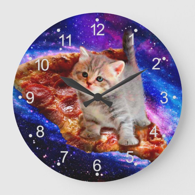 Grande Horloge Ronde Chats dans la pizza spatiale (Recto)