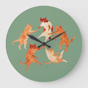 Grande Horloge Ronde Chats dansants à l'aquarelle