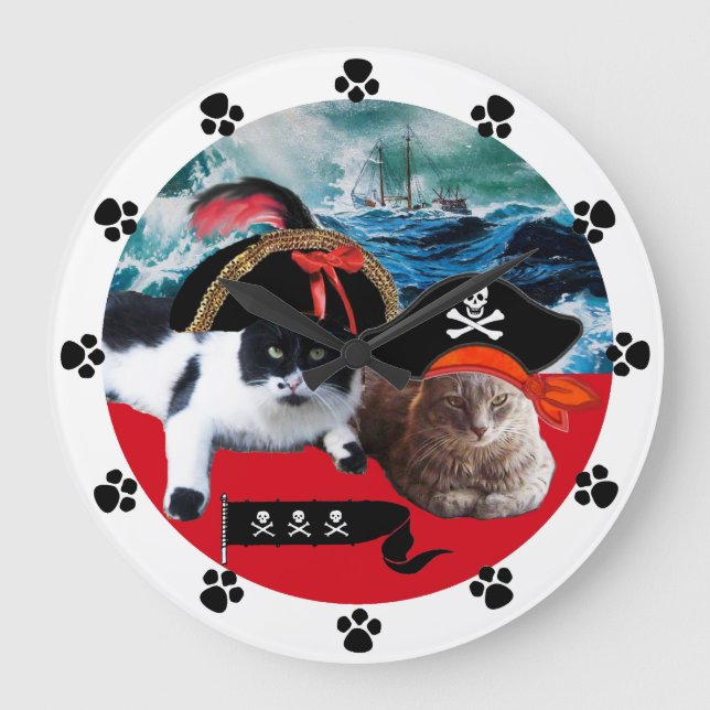 GRANDE HORLOGE RONDE CHATS DE PIRATE ET NAVIRE DANS LA TEMPÊTE DE MER (Recto)