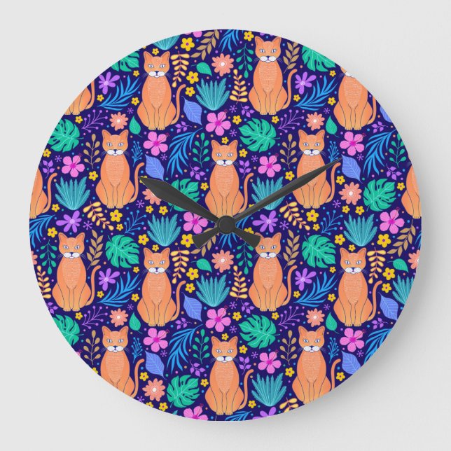 Grande Horloge Ronde Chats et fleurs tropicales : Motif foncé (Recto)