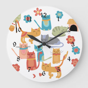 Grande Horloge Ronde Chats Kitty colorés Imprimer Cadeaux pour Amoureux