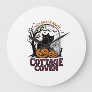 Grande Horloge Ronde Chats noirs d'Halloween Art de citrouille de coven