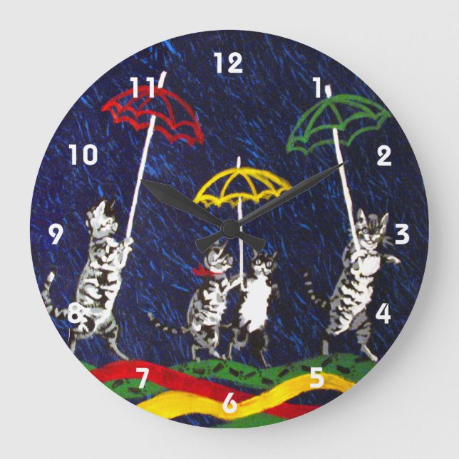 Grande Horloge Ronde Chats sous la pluie (Recto)