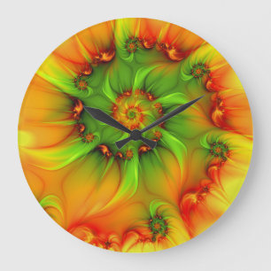 Grande Horloge Ronde Chaud Été Vert Orange Abstrait coloré Fractal