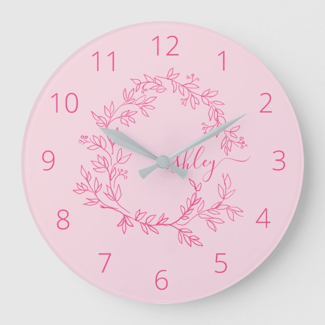 Grande Horloge Ronde Chaud rose moderne Script Girl Monogramme Nom (Recto)