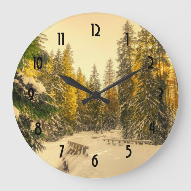Grande Horloge Ronde Chemin d'hiver neigeux avec pins (Recto)