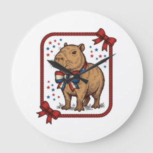 Grande Horloge Ronde Chemise à nœud papillon capybara patriotique vinta