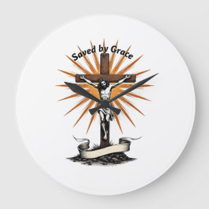 Grande Horloge Ronde Chemise chrétienne vintage gravure croix Jésus