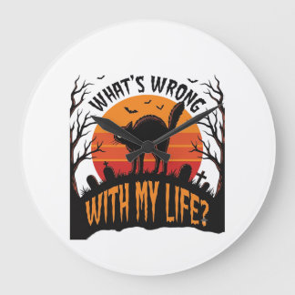 Grande Horloge Ronde Chemise de chat Halloween Vintage Drôle de vie Eff