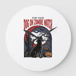 Grande Horloge Ronde Chemise de chien Halloween Design Zombie Patrol_1