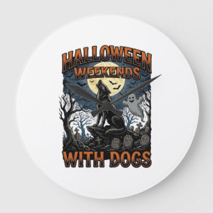 Grande Horloge Ronde Chemise de chien Halloween Pup Cimetière Vintage