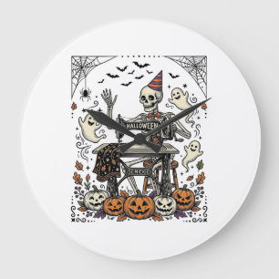 Grande Horloge Ronde Chemise de machine à coudre squelette Halloween Vi