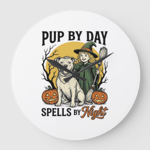Grande Horloge Ronde Chemise de sorcière de chien d'Halloween Gravure v
