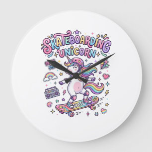 Grande Horloge Ronde Chemise de typographie gras de licorne de skateboa