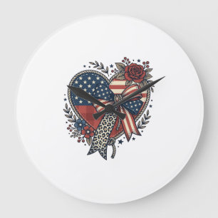 Grande Horloge Ronde Chemise Fleurie à Nœud Papillon Cœur Patriotique V