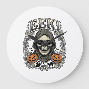 Grande Horloge Ronde Chemise Graphique Crâne Halloween Gravure Vintage 