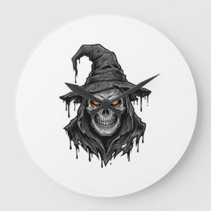 Grande Horloge Ronde Chemise Halloween Chapeau De Sorcière Crâne Gravur