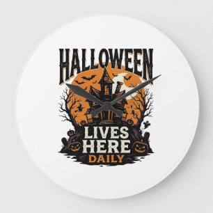 Grande Horloge Ronde Chemise Halloween Vintage Maison Hantée Quotidien