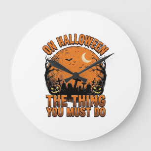 Grande Horloge Ronde Chemise Lune Citrouille Cimetière Halloween Vintag