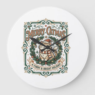 Grande Horloge Ronde Chemise Merry Catmas Chat Noël Vintage Vector Art