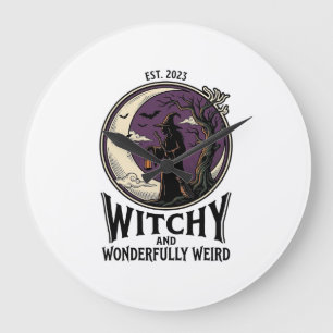 Grande Horloge Ronde Chemise sorcière vintage avec art Halloween de lun