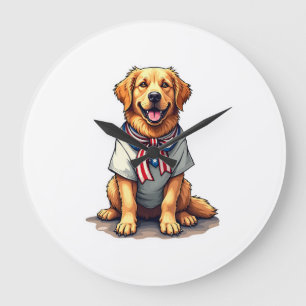 Grande Horloge Ronde Chemise vintage à gravure de chien doré patriotiqu