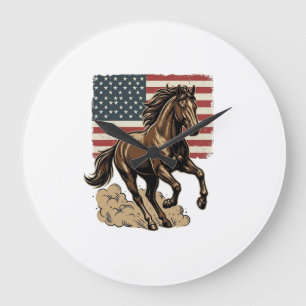 Grande Horloge Ronde Chemise vintage avec cheval au galop et drapeau am