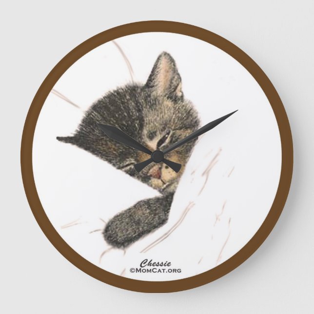 Grande Horloge Ronde Chessiez l'horloge murale du chaton dormant (Recto)