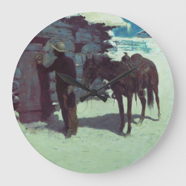 Grande Horloge Ronde Cheval et Cowboy neige hivernale (Recto)