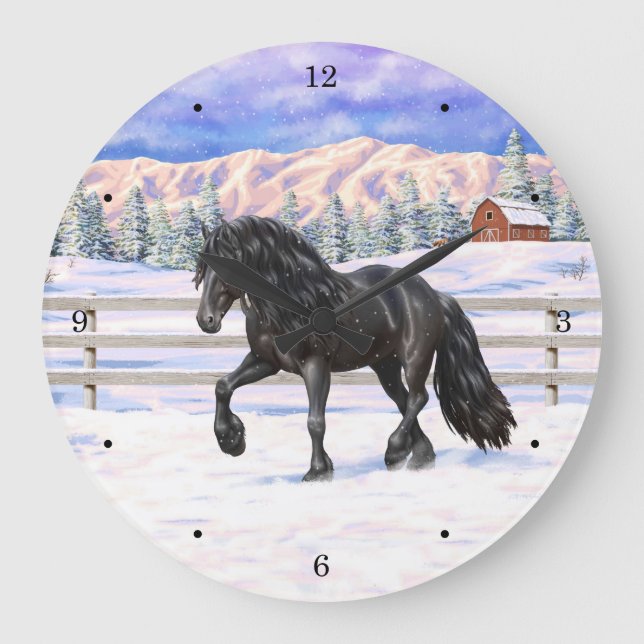 Grande Horloge Ronde Cheval Noir Friésien En Neige (Recto)