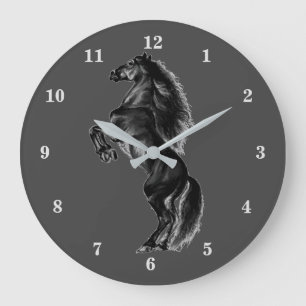 Grande Horloge Ronde Cheval sauvage noir droit - Dessin noir et blanc